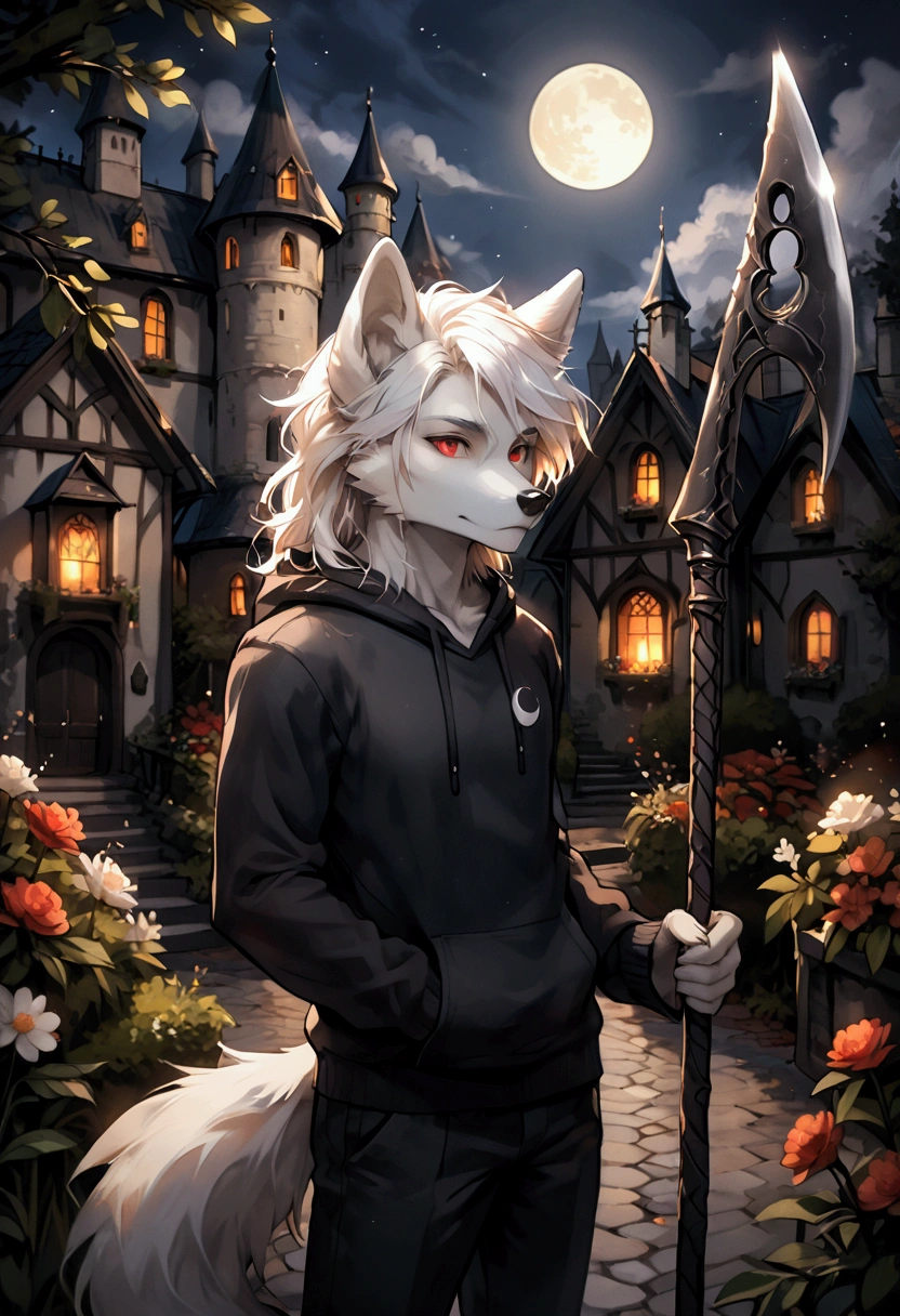 ((by hioshiru and kenket and dimwitdog, michael amp inessa garmash, ruan jia, pino daeni, chunie), arctic wolf , anthro, muscular ,red eyes , young, shorta ,hair. fluffy tail , castle background, courtyard, tribe jewelries, tail, fluffy tail, hair, white hair, night, standing, necklass, seductive pose, tribe stripes, red stripes, loincloth, pov, axe on back, medieval weapon