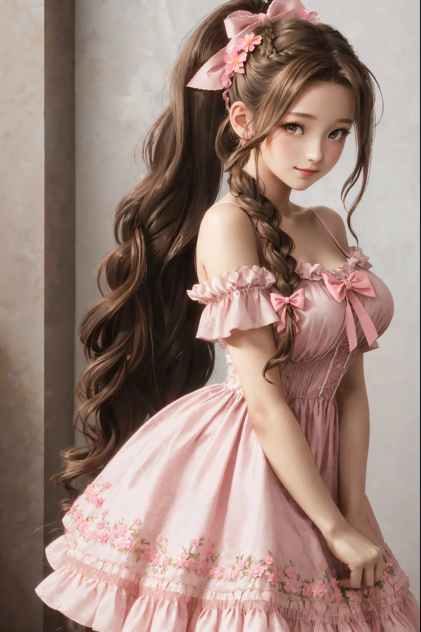 Gainsborough_Aerith, long hair, brown hair, bow, ribbon, hair ribbon, pink bow, braid, braided ponytail, single braid, (huge breasts1.4), flower embroidery, off-shoulder dress, string support, frilly dress, covered collarbone, coast, parted lips, light smile, light rays, light particles,