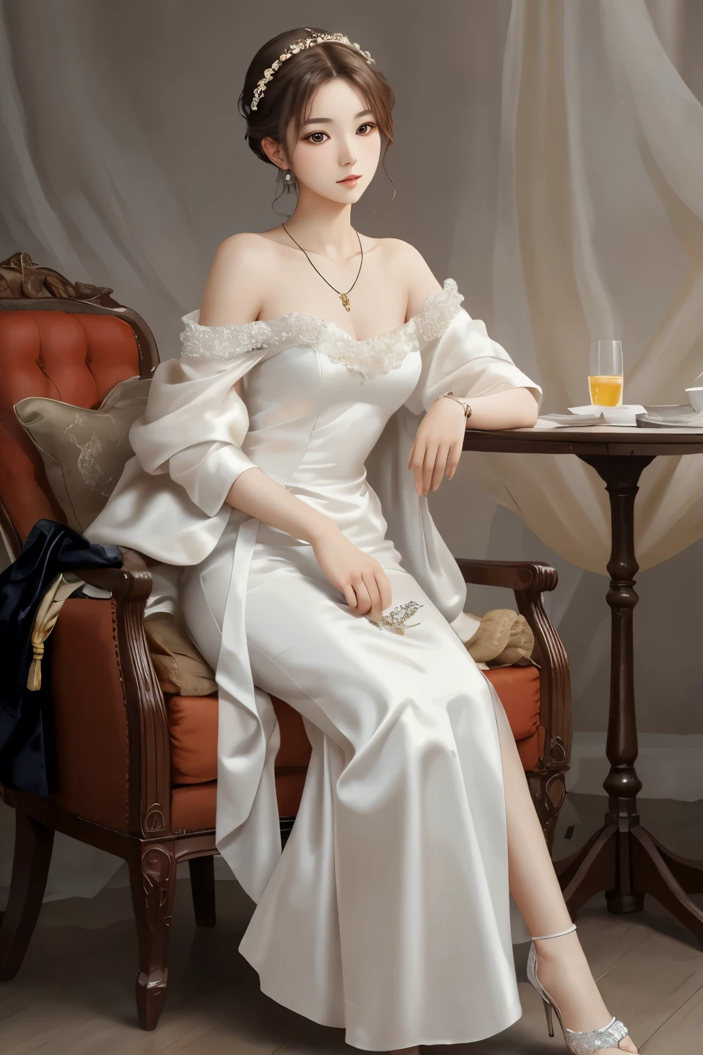 A Korean beauty is sitting on a chair and wearing a necklace, Giovanni Boldini(Giovanni Boldini), elegant woman, Wearing silk clothes, Perfect Hands, 