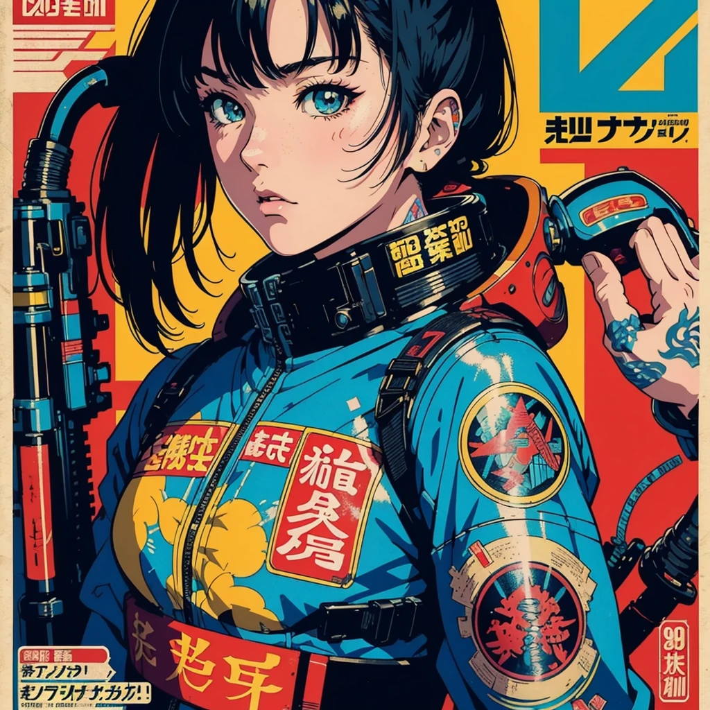 Japanese retro poster, best quality, 8k, ultra detailed, estilo anime 90's, 90's, cyberpunk scenario, ultra detailed tattoos,poster vintage ultra detailed, vibrant colors, matte paper, newspaper texture, newsprint texture. 