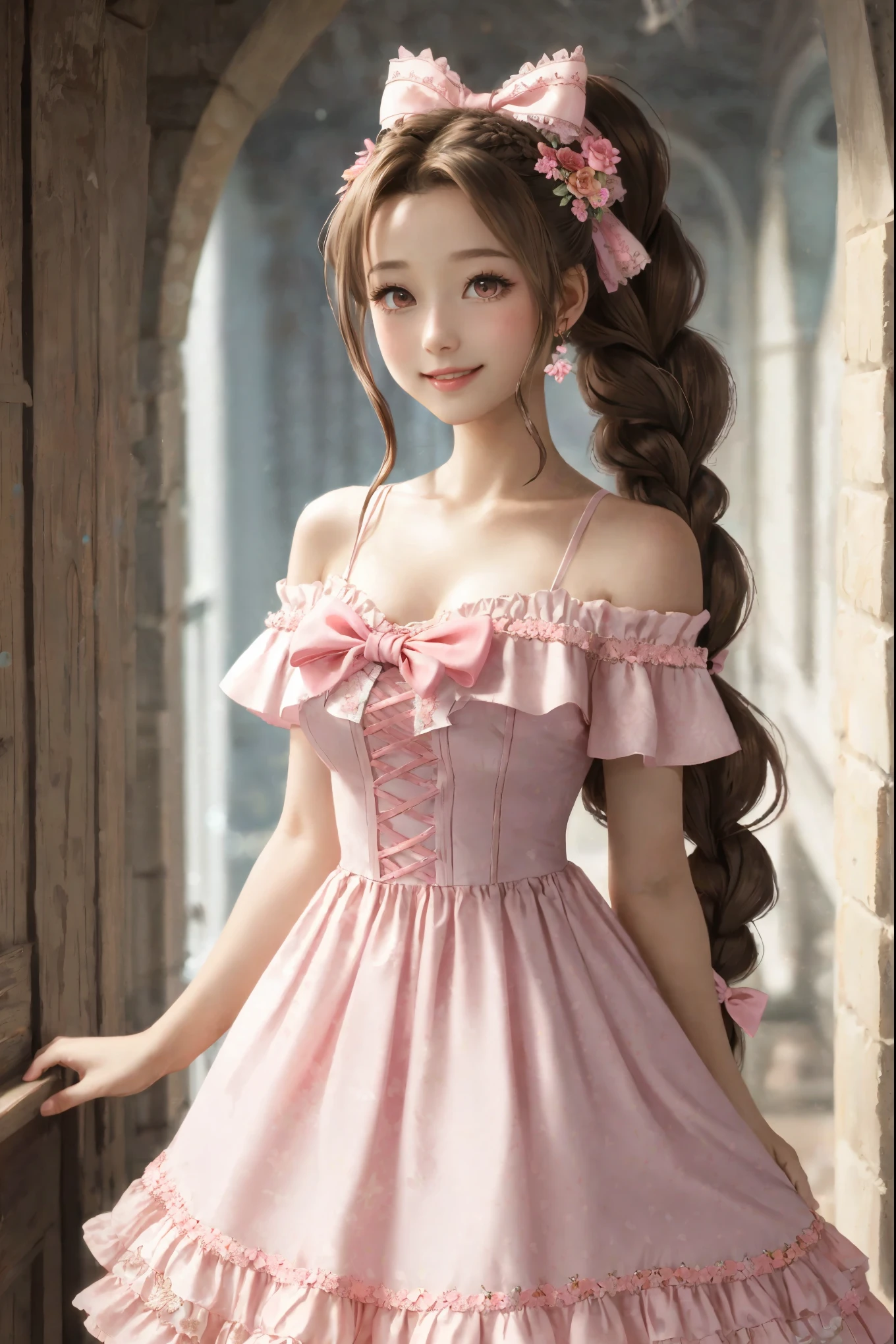 Gainsborough_Aerith, long hair, brown hair, bow, ribbon, hair ribbon, pink bow, braid, braided ponytail, single braid, (huge breasts1.4), flower embroidery, off-shoulder dress, string support, frilly dress, covered collarbone, coast, parted lips, light smile, light rays, light particles,