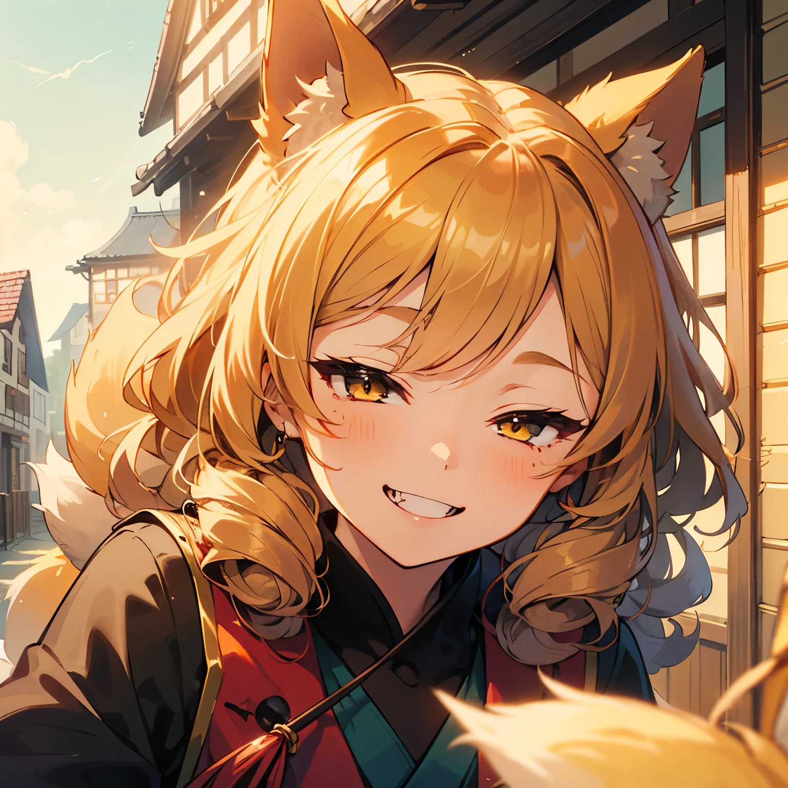 ((1girl)), solo, ginger hair, light hair color, (curly hair), ((kitsune)), fox ears, fox tail, (amber eyes), high quality, beautiful lighting, focus on face, (smiling expression), fangs, sunny, in the street of a village, sunlight, (long hair)