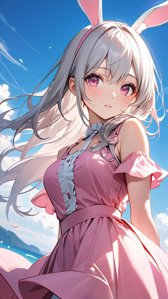 blue sky,(masterpiece, Highest quality:1.2), Silver Hair,Pink dress,Pink eyes,Bunny ears,One person, One personで,Mid length, girl&#39; I'm in love with you, Dynamic Random Shot, elastic thighs, ARW