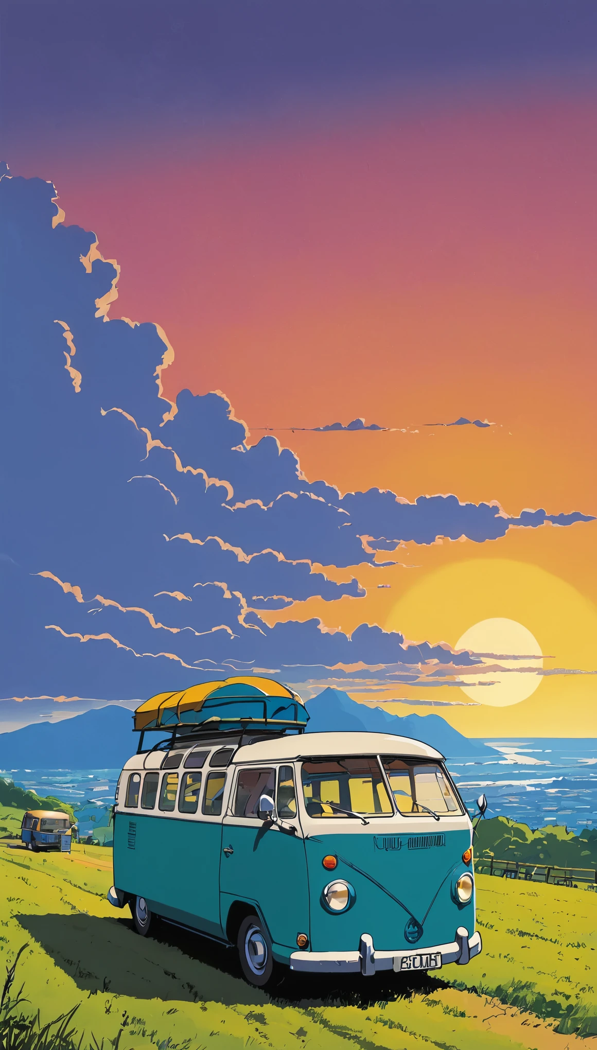 (Minimalism:1.4), Draw a simple Tintin style art a minibus camping sunset clouds , studio ghibli art, miyazaki,  , Makoto Shinkai!!, anime movie background best quality best of SeaArt HD
