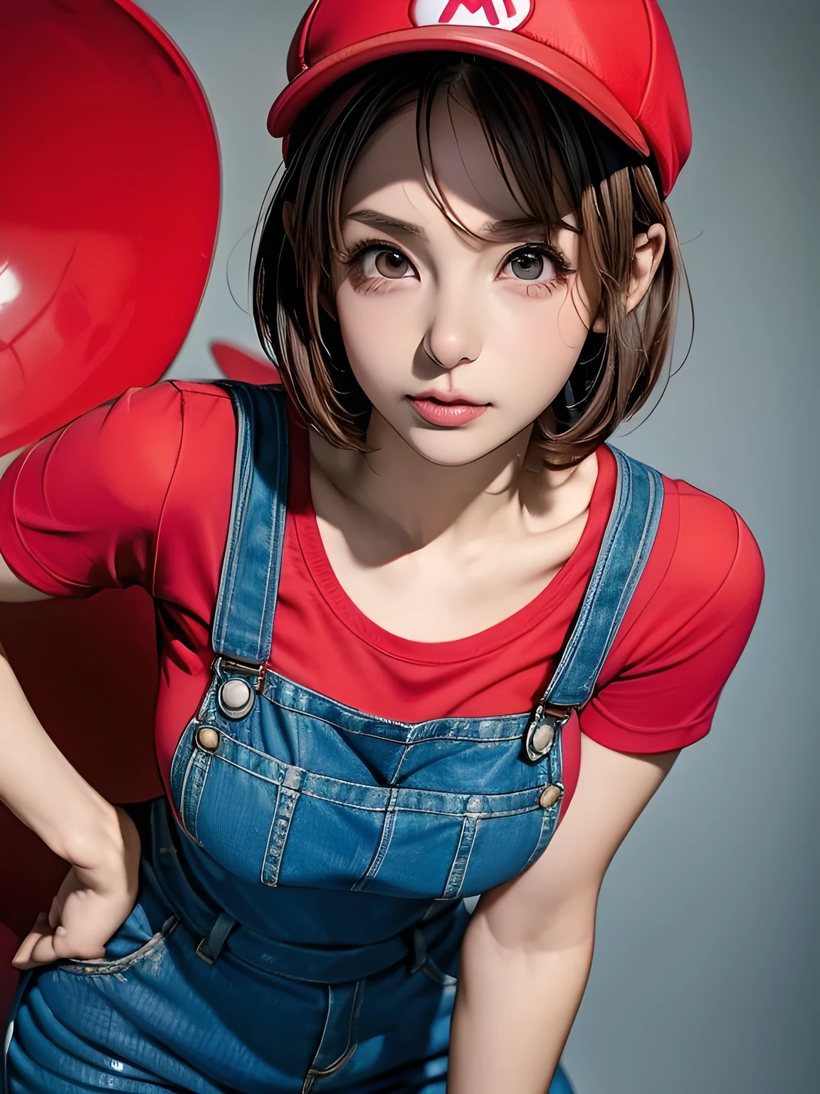 1 girl, (girl cosplaying as Mario, a girl dressed as Mario has brown short bob hair and Brown big eyes:1.4, super cute slightly round face, is wearing Mario's red Casquette, a red shirt, blue overalls, and white gloves), (fake moustaches:1.4, leaning forward to emphasize their Big breasts:1.2), background is the pink Mushroom Kingdom, ((masterpiece, best quality, high resolution))