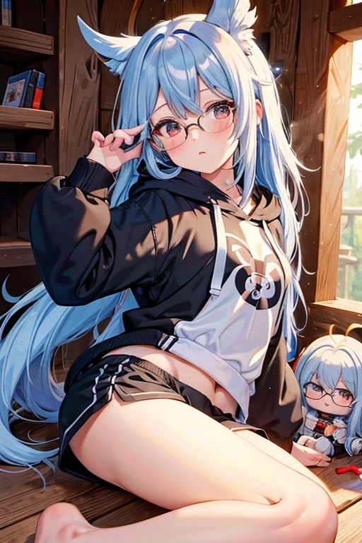Anime girl sitting on the ground,Mobile phone in hand, Surrealism female students, White-haired woman, Fine details. Girl front, Surrealism female students, Realistic schoolgirl, light novel cover art, Beautiful Anime High School Girls, white haired Cangcang, the anime girl is crouching,Shy,smallunderboob,Wearing a white sports bra with a bear cub,With round-rimmed glasses
