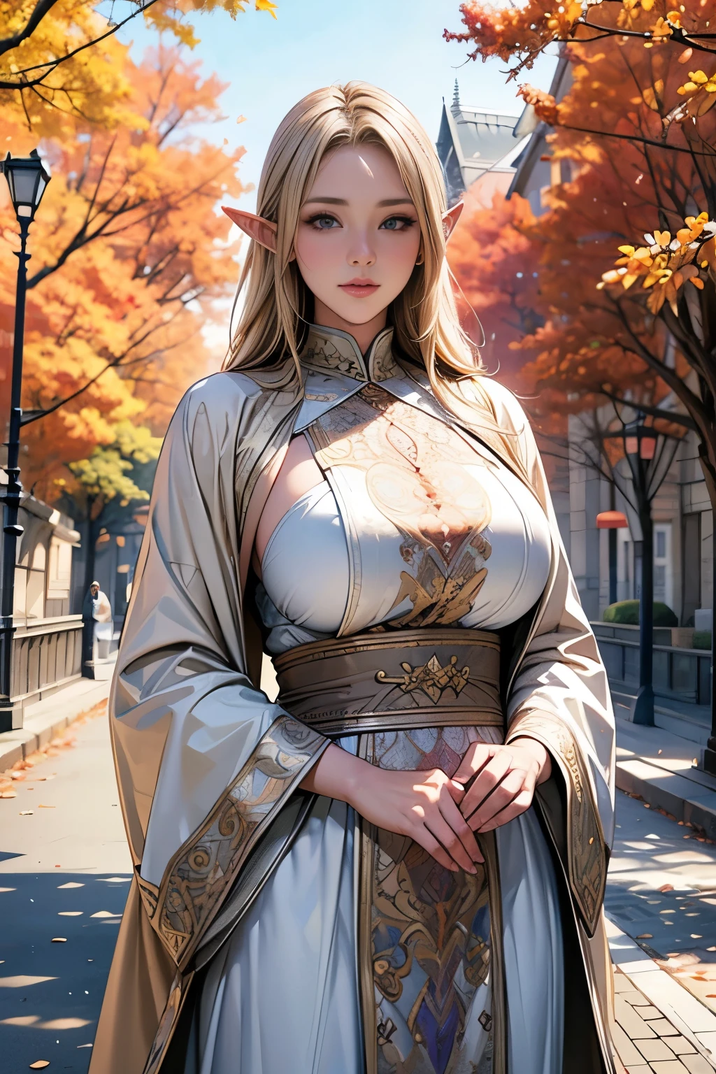 ((best qualityer)), ((work of art)), (detailded), high qualiy, 8K Ultra-HD, 1 A beautiful elf, rosto de Liv Tyler ,Long silky gray hair, elf ears, olhos amendoados, thin lips, Round face, standing in an elven city , vestindo long robe , clothes of an elf of the elven aristocracy, long robe, perfect hands, pure look, Perfect artwork, work of art, Character details, free and perfect scene ,clear lighting, detailed shadows