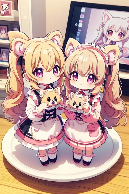 Highest quality,masterpiece,dogcafe,Girl clerk,Maid clothes,(German Spitz1.1,Pomeranian,Multiple small dogs 1.3),Anime Style,cute,Twin tail hair,Smiling with hands up,