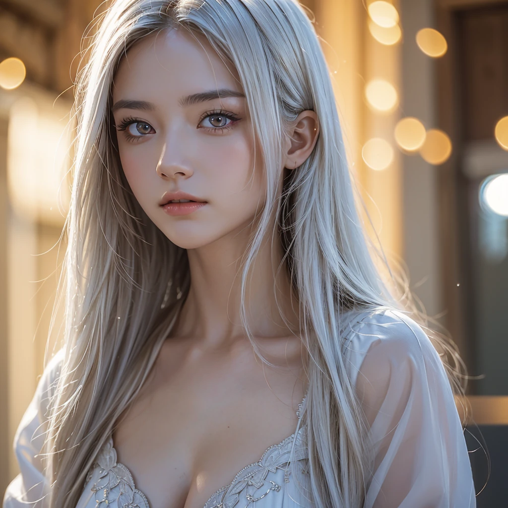 (RAW photo, best quality), (realistic, photo-realistic:1.3), very pale skin, Ultra Detailed Face, Detailed Lips, black lipstick, Fine Eyes, double eyelids, extremely delicate and beautiful, Amazing, finely detail, masterpiece, ultra-detailed, highres, best illustration, best shadow, intricate, depth of field, (closeup portrait of a young beautiful woman:1.2),long hair, ponytail, messy hair,((((low key,dark scene,dimly lit)))),(((soft lighting:1.4))),(pale skin:1.4),(shy smile),(cinematic angle),sharp focus, volumetric fog, 8k UHD, DSLR, high quality,( film grain:1.4), Fujifilm XT3,(looking at viewer), pale skin, ((masterpiece))、(((highest quality)))、photorealistic, Raw photography, An illustration、1 girl、Beautiful silver hair、white blond, hair in eyes、Beautiful Eyes、Environmental Scene Change、Poses too、magic、Shartaan Betarola、depth of field, bokeh, silky smooth skin, ultra realistic, extremely high resolution, highest detailed eyes and face, spot light, 14 year old, adorable, Revealing clothing、White clothes、Wrinkled tank top、Bare Chest, sheer, sexy