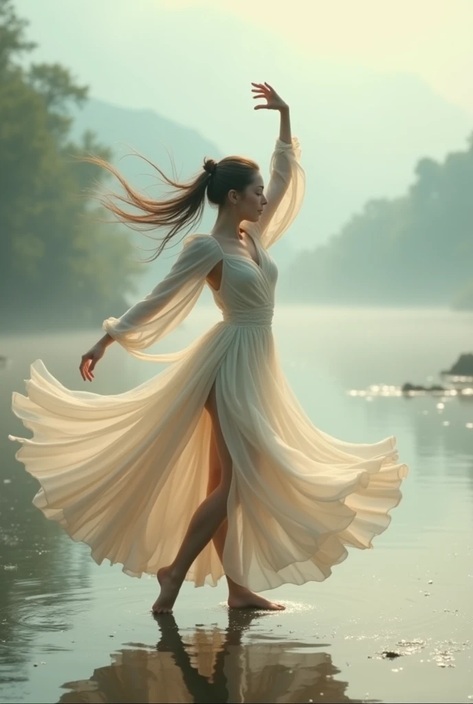 A long-haired girl dancing under the bridge