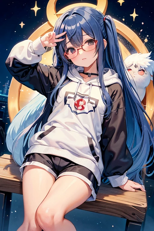 Angelic French doll, Stocky, Brightly colored hoodies, In shorts, Blue Hair ,Disheveled long hair, (anime: 1.2), Wearing glasses, Asymmetrical bangs, masterpiece, Tengu, (Fortuneteller: 0.8), (sleepy: 0.8), Intimate, フレンドリー, 風を受けている, 濡れた髪, anime, ざぁこ♡, 寒い, ハッピー