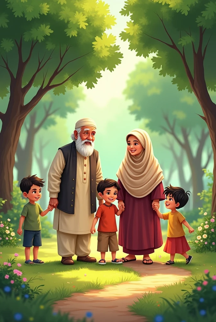 Photo of a large family, consists of grandfather and grandmother, three adult males, four adult women, and 3 boys aged 2 years and one girl aged 5 years, women wear the hijab, be in a forest, with a very beautiful view