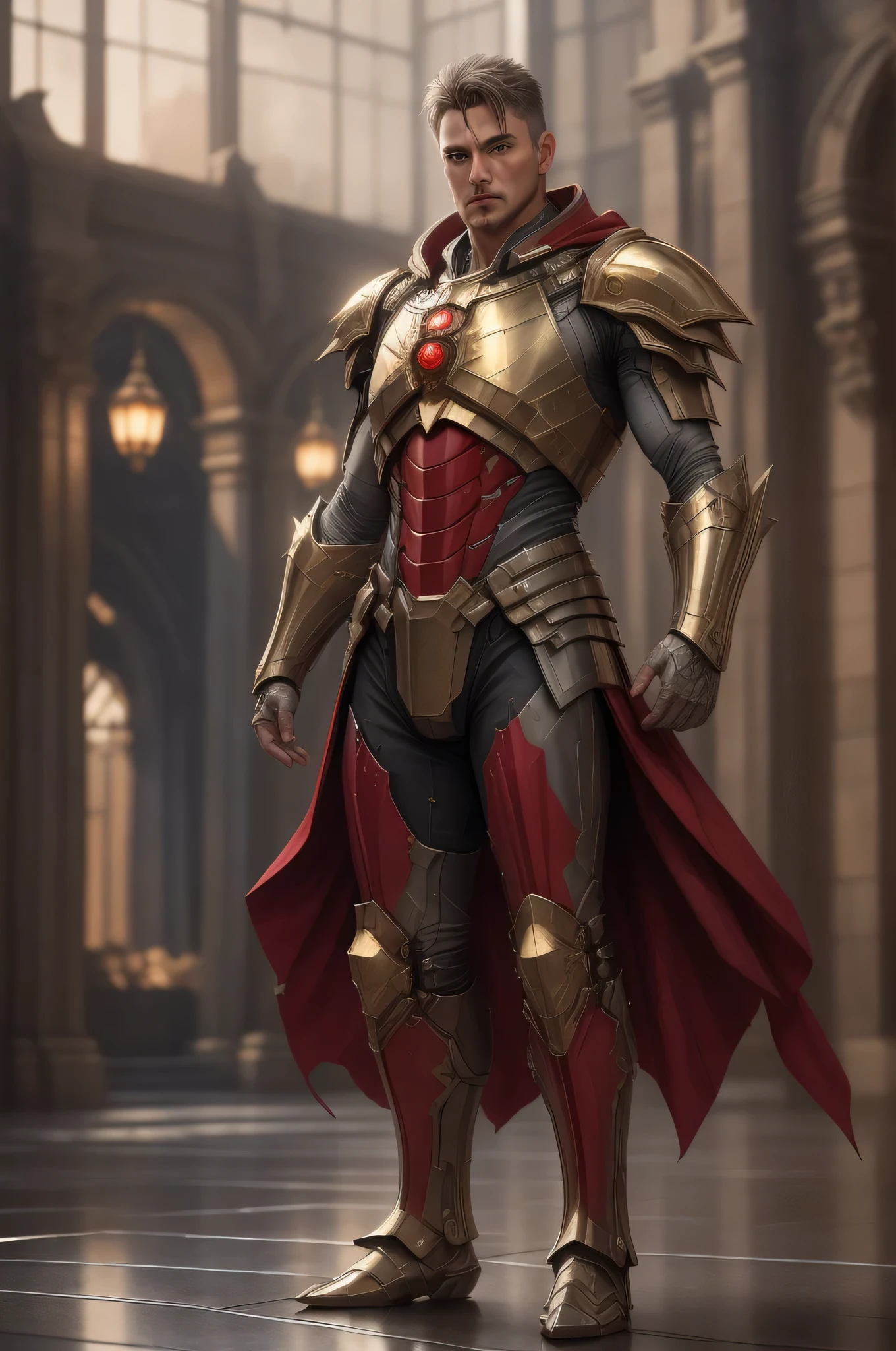 masterpiece, best quality, intricate details, highly detailed raw photography, photorealism, photorealistic, Real-Time Ray Tracing lighting, volumetric lighting, volumetric shadows, 8k-perfect-octane
older man in Comic Book Red hades_armor, shoulder armor, pauldrons, breastplate, armor reflexions, red scarf, sideburns, ((knees apart feet together)), perfect sharp eyes
space station city background withA place with a lot of glass details in silver and gold, Bokeh Background Lights