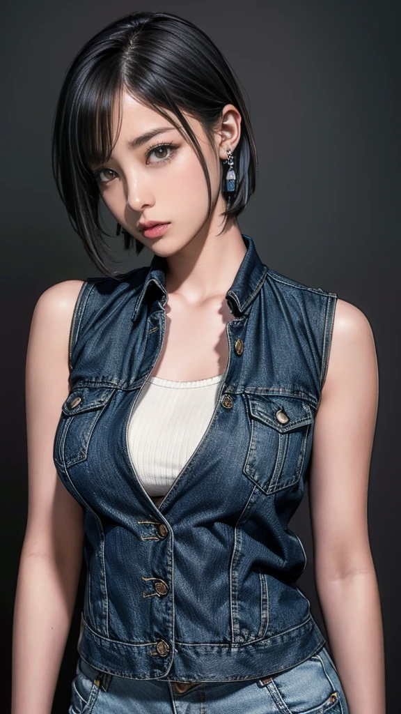 masterpiece, best quality, (dark photo:1.3), photorealistic, 1girl, big breast, short hair, t shirt, jeans, sitting, sexy girl