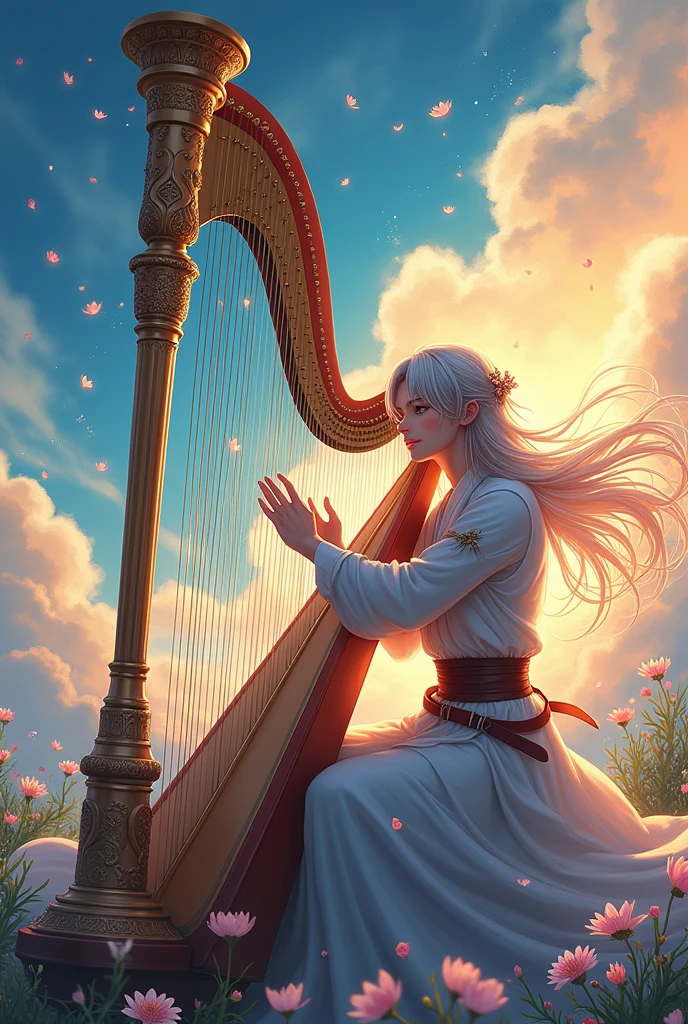 A 20-year-old boy pale as snow, long white hair with violet eyes, playing flute on top of a cherry blossom branch jojo style