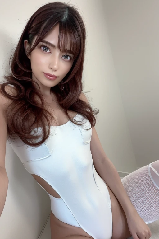 One Girl, Beautiful woman wearing a white leotard,  Perfect body,, The background is all white,  Highly detailed face, Beautiful Eyes, Beautiful Lips, Double eyelids, A gentle smile,  Sunburned skin, Pubic Hair Tips, (Best Quality, 8k, masterpiece:1.3), Front and full body shot, Pussy Line, positive, Spread your legs,Bobcut,Blonde