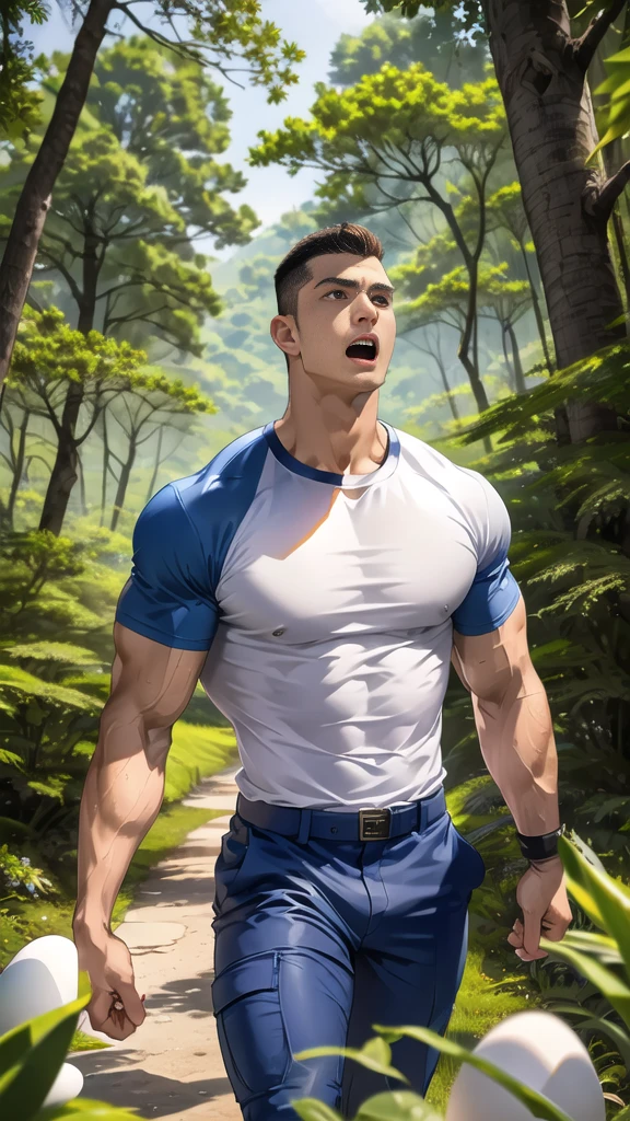 A man runs hard in the deep woods of the school at night