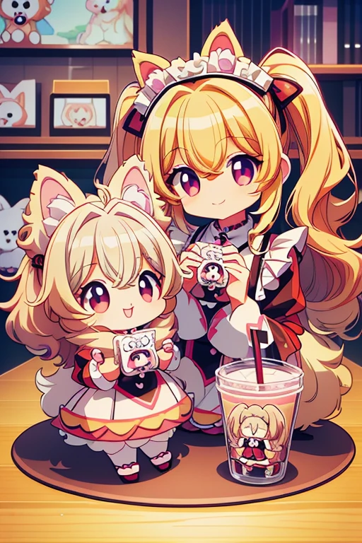 Highest quality,masterpiece,dogcafe,Girl clerk,Maid clothes,(German Spitz1.1,Pomeranian,Multiple small dogs 1.3),Anime Style,cute,Twin tail hair,Smiling with hands up,