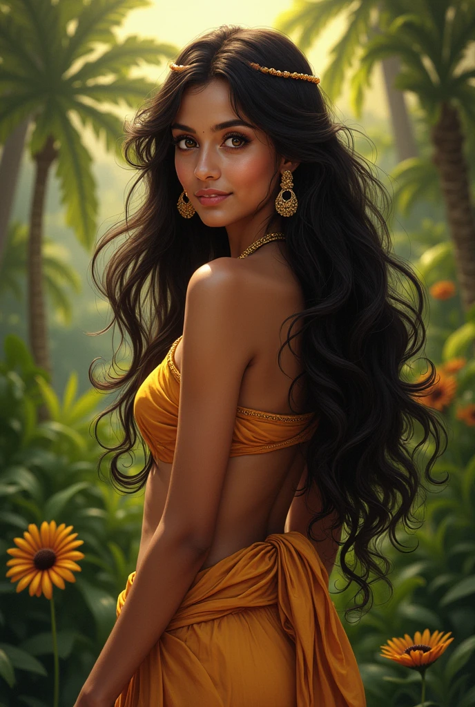 beautiful indian woman clipart picture sitting on rock in farest, wearing traditional half saree no expose dress fully, long curly hair, soft lighting, plants in background, with sunlight thinking about some thing hand under chin pose