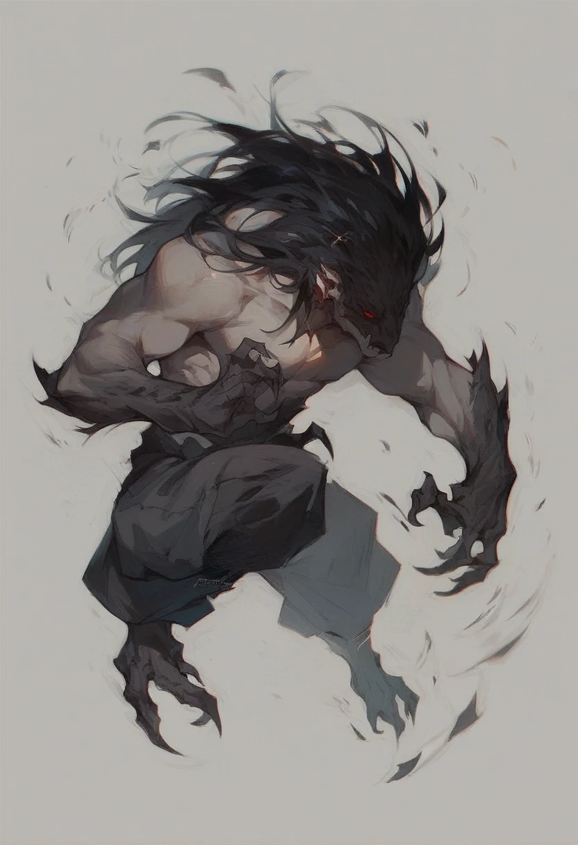 1boy, elf, twenty-five years old, black hair, white skin, red eyes, crows, top of a mountain, ????? body, flaccid ?????, night, full moon, fire,mysterious, ethereal ,dark fantasy, monochrome color palette, eerie lighting, divine, supernatural powers, enchanting expressions, extraordinary features, mesmerizing pose