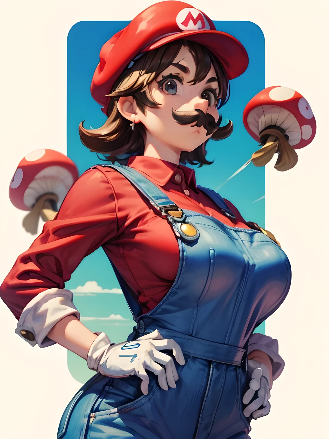 1 girl, (girl cosplaying as Mario, a girl dressed as Mario has brown short bob hair and Brown big eyes:1.4, super cute slightly round face, is wearing Mario's red Casquette, a red shirt, blue overalls, and white gloves), (fake moustaches:1.4, leaning forward to emphasize their Big breasts:1.2), background is the pink Mushroom Kingdom, ((masterpiece, best quality, high resolution))