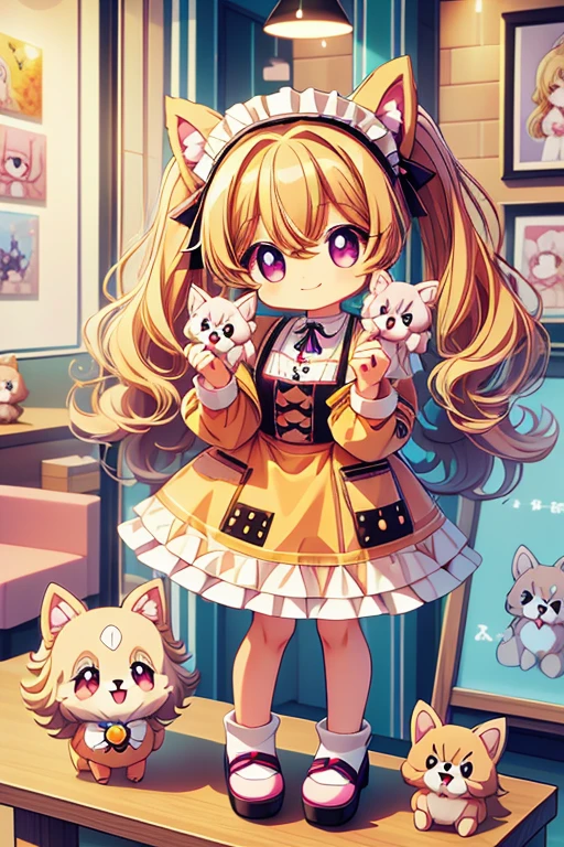 Highest quality,masterpiece,dogcafe,Girl clerk,Maid clothes,(German Spitz1.1,Pomeranian,Multiple small dogs 1.3),Anime Style,cute,Twin tail hair,Smiling with hands up,