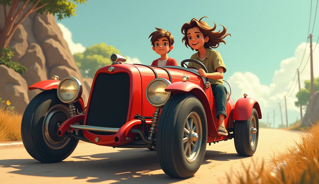 Red car with driving kids