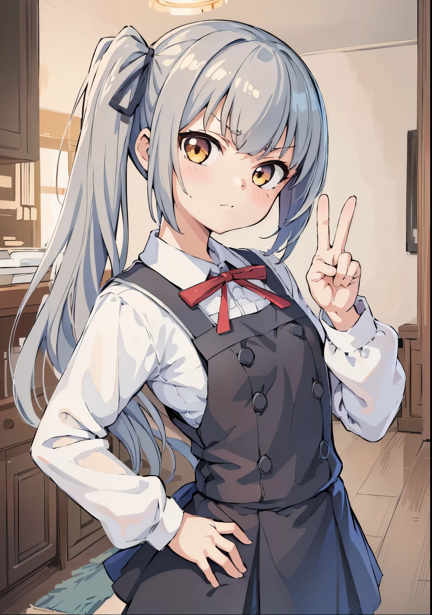 ((masterpiece)),(best quality),official art,extremely detailed CG,unity 8k wallpaper,ultra detailed,indoor,1girl,solo,upper body,(flat chest:1.2),(looking at viewer:1.5),kasumi kai ni,side ponytail,hair ribbon,pinafore dress, shirt, ribbon, long sleeves,closed mouth,(peace sign:1.2)