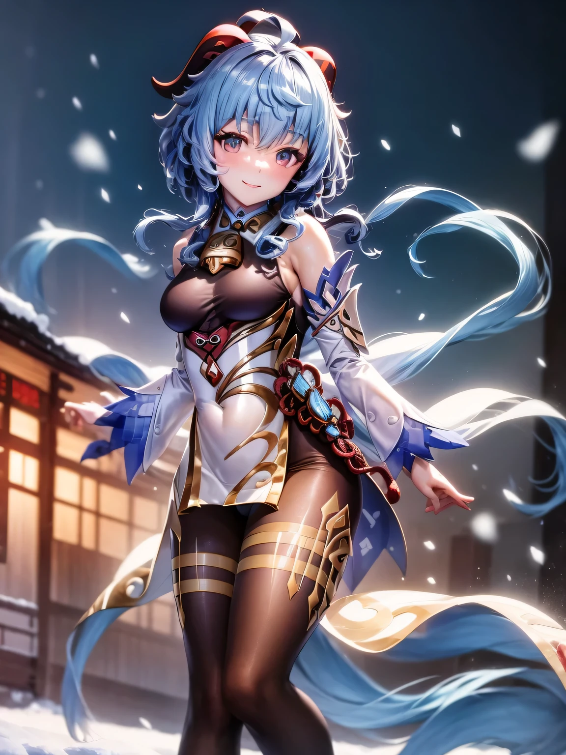 [ganyudef]:1.5,((masterpiece,highest quality,Detailed images,Beautiful images))1.4(ganyu images、smile、Western-style snow town、night、Snowflakes drifting all around、The wind is blowing、Bright lighting overall、Backlight、A fantastic atmosphere、Thick Fog)1.1(Beautiful body lines、small beauty breasts、Beautiful side breasts)
