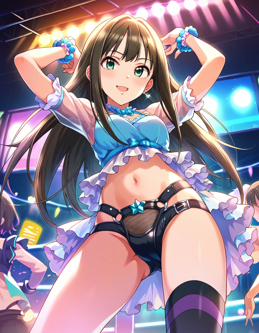 Score_9, Score_8_Excellent, Score_7_Excellent, sauce_anime,
evaluation_Sensitive,( ((Idol Concert，)))Neon Light，Idol Costumes，cool，Shibuya Rin, Green Eyes，Long Hair，Earrings，belly button，Shoulder，Thighs，Browsing Caution，coolな表情，smile，roar，Showing off your crotch，Slim figure，((Muscle Pose，))(Strapon，Long dildo with balls，)