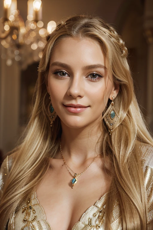 Half-length glamour portrait, nikon D850, f1.6 lens, 200mm, DSLR, 22 Megapixels, (((Inner courtyard of a manor house scene))), shot of a stunning 21 years old swedish girl, (smile:1.4), (wearing Lapis blue asymmetrical sequin evening gown with voluminous sleeves:1.6), ((seductive pose)), hot girl, (((medium natural breasts))), ((((medium blonde hair)))), (small girl), symmetrical face, photorealistic, photography, (bright natural lighting), gorgeous, deep cleavage, (masterpiece), best quality, high resolution, extremely detailed, cinematic lighting, (((very narrow waist))), rich colors, hyper realistic, lifelike texture, ((jewelry)), (((She has beautiful hands and wears rings))), (bracelet), (necklace), (ankle chain), (nail polish) (earrings), Fuji Superia 200, 8k