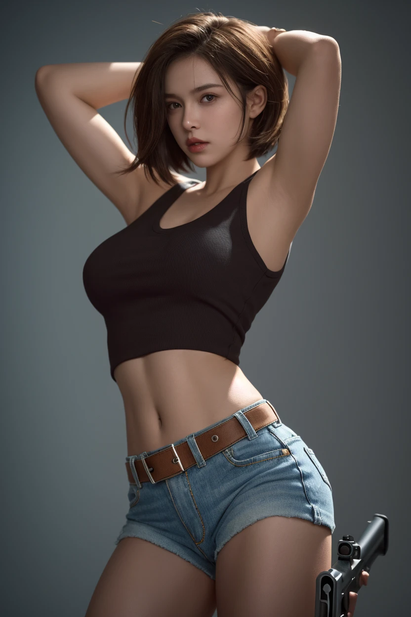 A middle aged woman sitting on the table, legs spreading, pants, with a relaxed and confident demeanor. Attempt to seduce the viewer (best quality, ultra-detailed, realistic), (vibrant colors:1.1), (studio lighting), (bokeh). (Trending on artstation)
