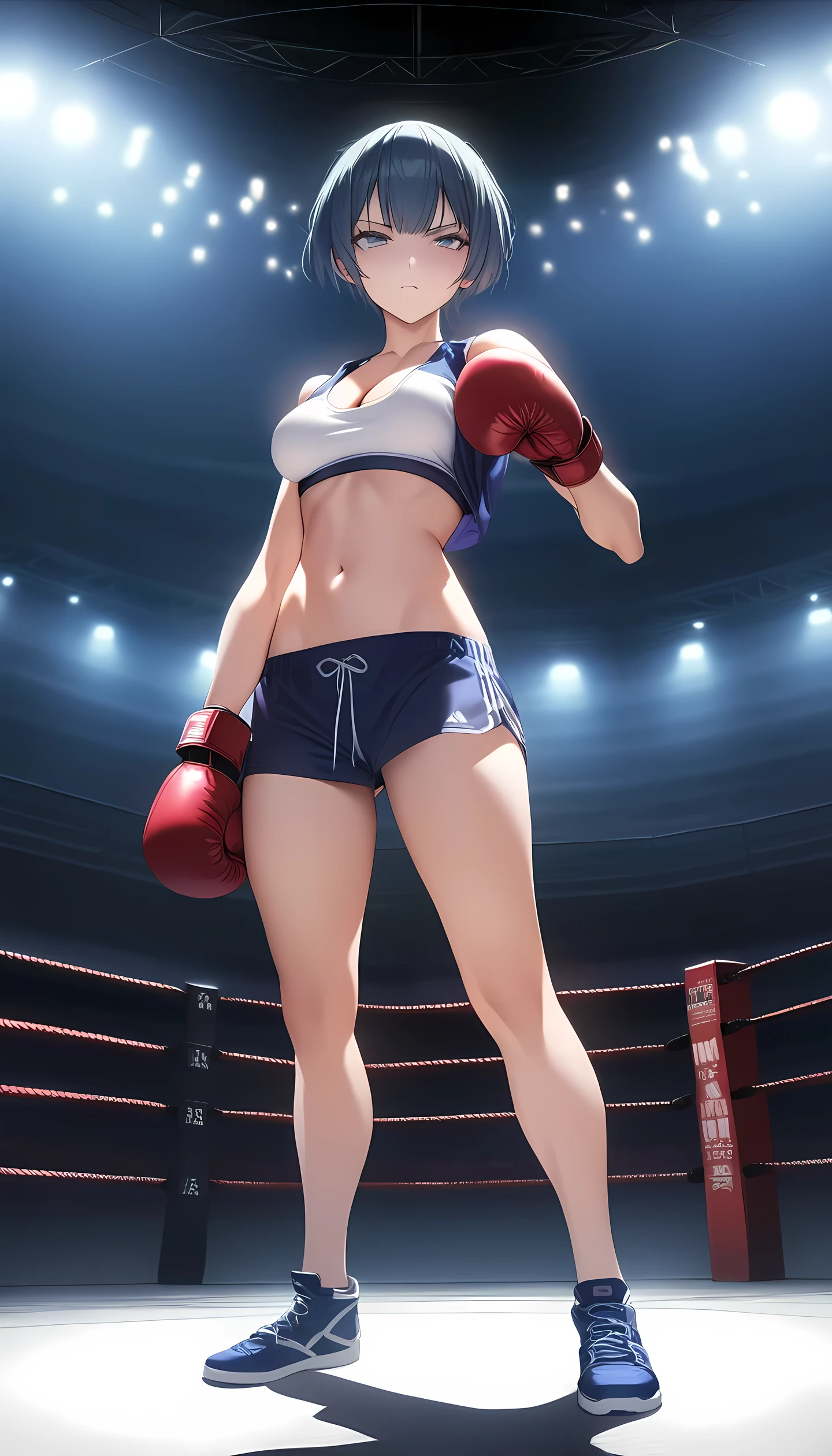 ibuki, 1girl, short hair, bangs, blue hair, purple eyes, midium breast, masterpiece, best quality, (wearing sexy sports wear:1.5, boxing gloves, bare thigh, navel,cleavage), (on MMA Arena :1.5), serious, Toned stomach, long legs, looking at viewer,stage lighting, Ultra HD,Detailed eyes,Detailed face, cowboy shot, fighting, from below, realistic background,