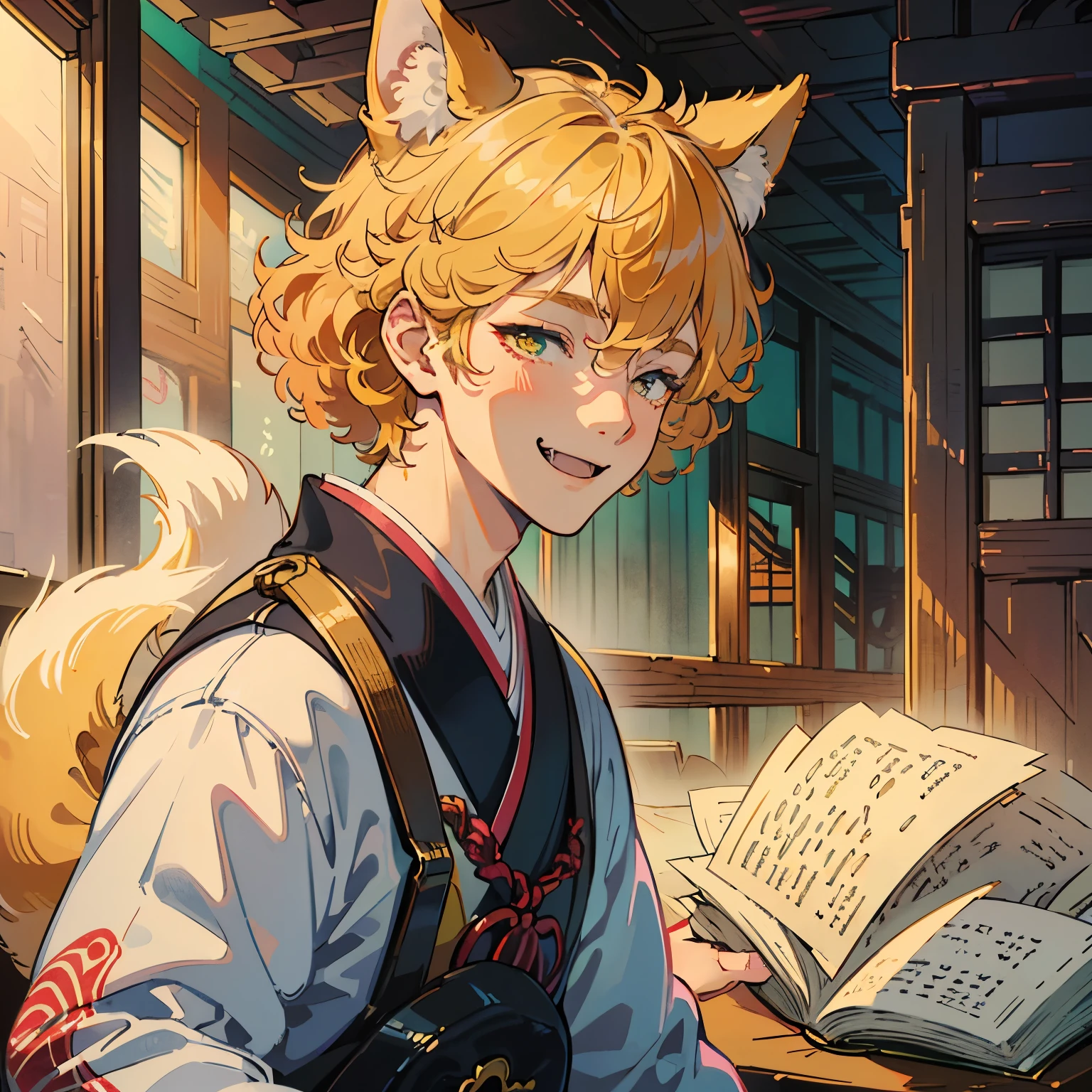 ((1boy)), solo, ginger hair, light hair color, (curly hair), ((kitsune)), fox ears, fox tail, (amber eyes), high quality, beautiful lighting, ((focus on face)), (smiling expression), fangs, sunny, in the street of a village, sunlight, (long hair), wearing traditional japanese clothes