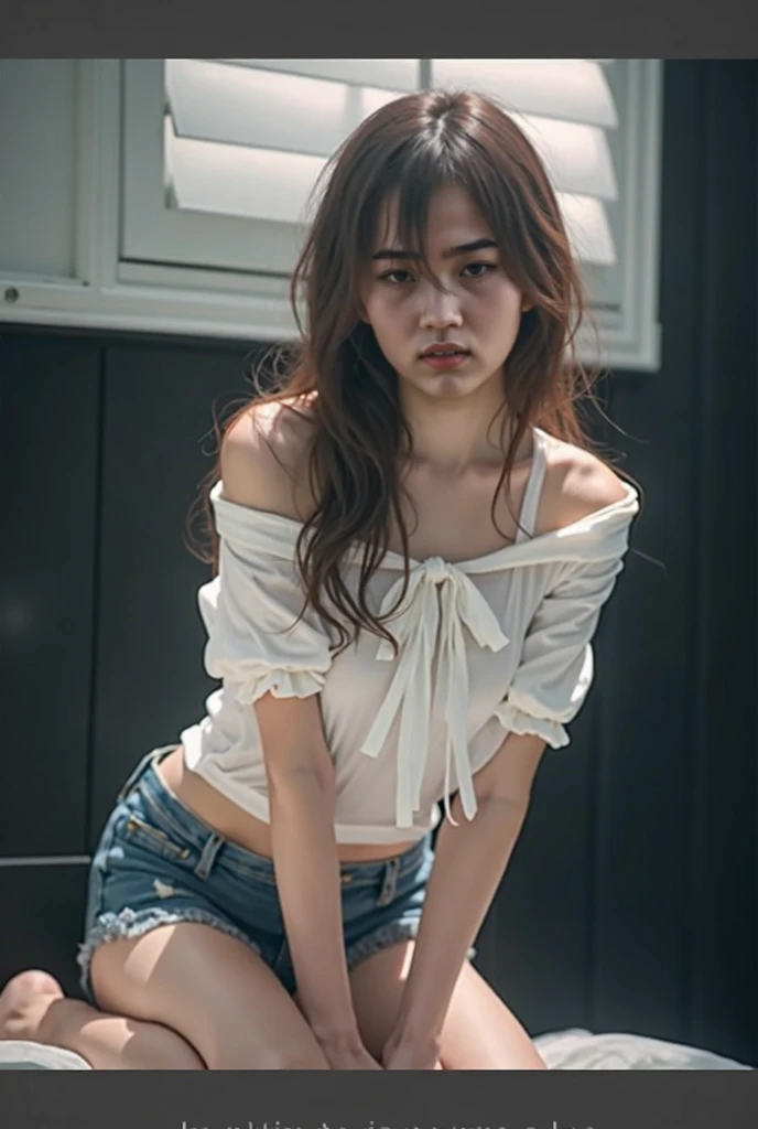Very detailed CG Unity 8k wallpaper、highest quality、Very detailed、masterpiece、Studio shot、full body portrait、From above、 Realistic、Behind the photo、big, full, Round Breasts、Realistic、Photorealistic、Very detailedなかわいい女の子、alone、s old、Melancholic expression, Brown Hair, Updo、full body photo、Wear underwear、big breasts、Playing with the chest、Sitting on a train、Cleavage visible through gaps in clothes