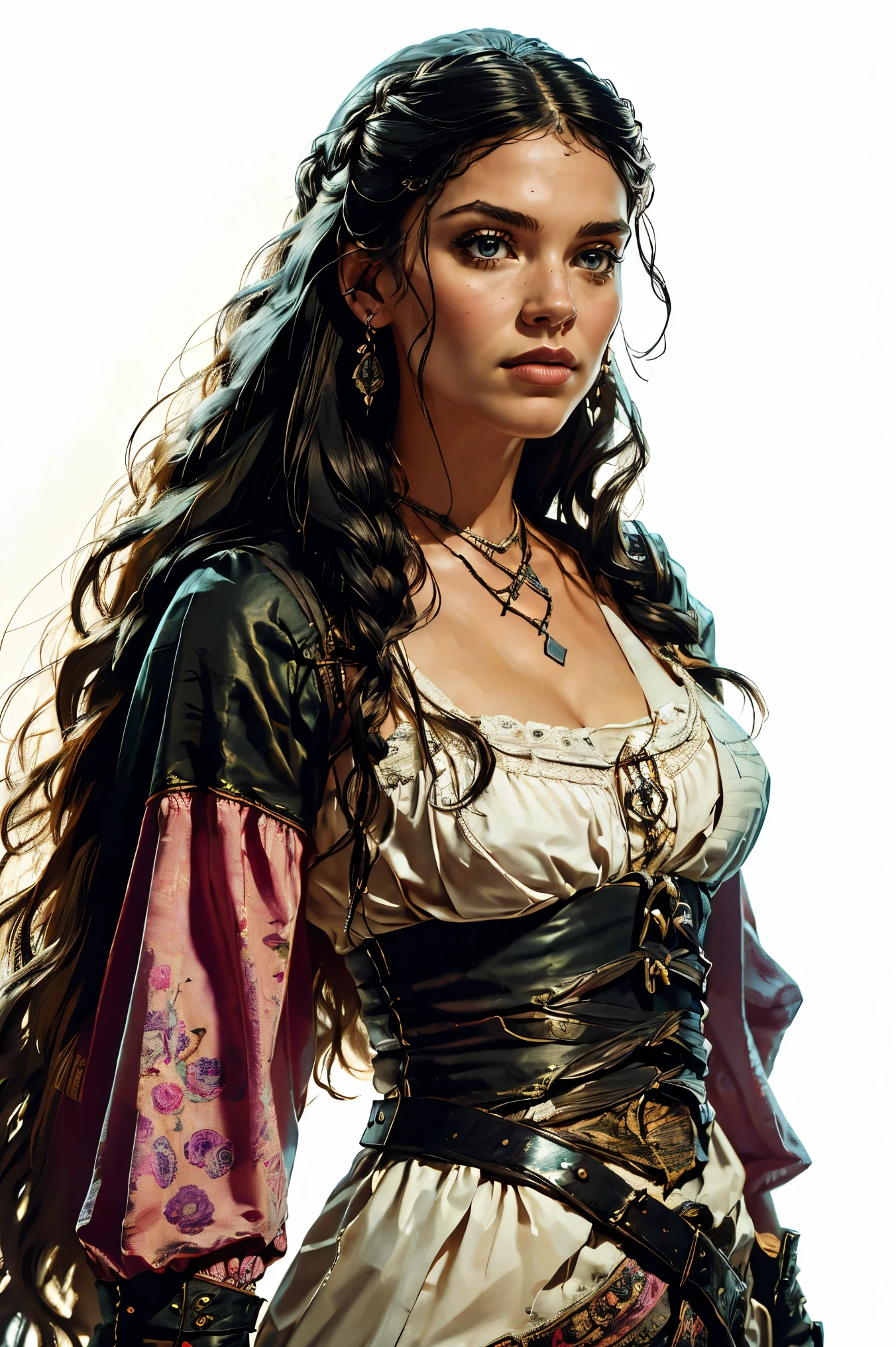 an aristocratic woman from the 17th century based on Octavia Blake from the TV-series The 100, highly detailed cinematic illustration, black outlining, full color illustration, vivid colors, white background, masterpiece, 8k, ultra-detailed, physically-based rendering, dramatic lighting, intricate background, photorealistic