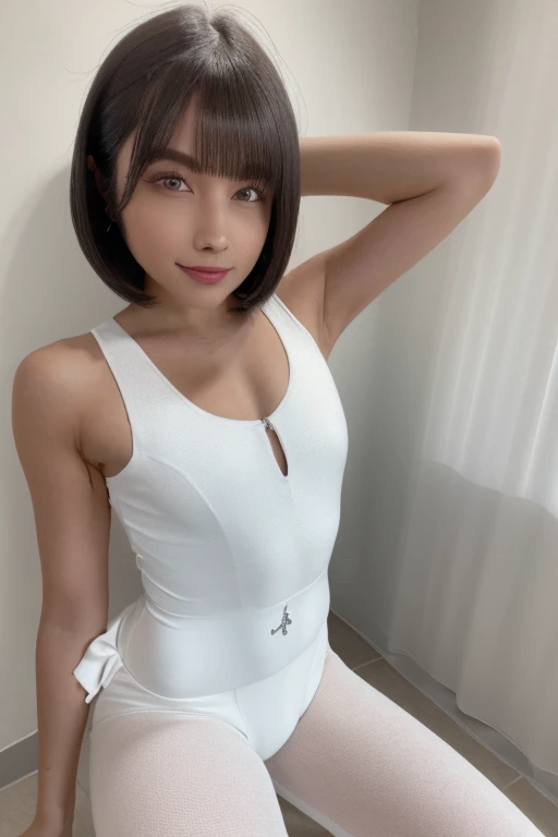 One Girl, Beautiful woman wearing a white leotard,  Perfect body,, The background is all white,  Highly detailed face, Beautiful Eyes, Beautiful Lips, Double eyelids, A gentle smile,  Sunburned skin, Pubic Hair Tips, (Best Quality, 8k, masterpiece:1.3), Front and full body shot, Pussy Line, positive, Spread your legs,Short Bob Cut,Blonde