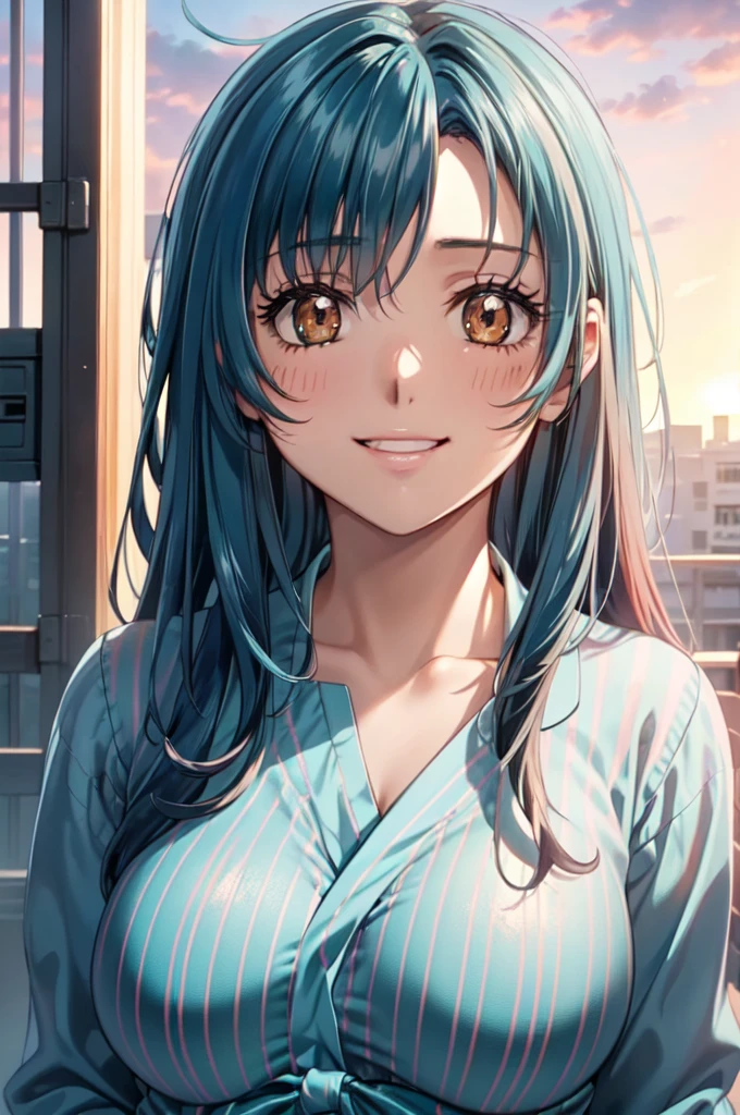 kanamechidori, (masterpiece, Best Quality, beautifully、beautiful:1.3), (teenager), One girl,Alone, (Cute Smile:1.2), (Silvery darkturquoise hair with steelblue stripes:1.4), (Gradient darkturquoise hair tip:1.6), hair, Ridiculously long hair, ウェーブのかかったhair, 輝くhair, 浮遊するhair, (Deep Brown eyes), Delicate eyes, Brown eyes, Very beautiful eyes, Long upper eyelashes, Compensate, Focus on the face, Very detailed facial, Pretty face, Perfect breasts, Hot body, (Delicate skin texture:1.2), (Student Uniform:1.1, red ribbon tie), (Receiving a confession on the school rooftop with the sunset and fence behind me。I got closest to that smile:1.1), Very detailed, gravure, nsfw, (cinematic angle:1.1),