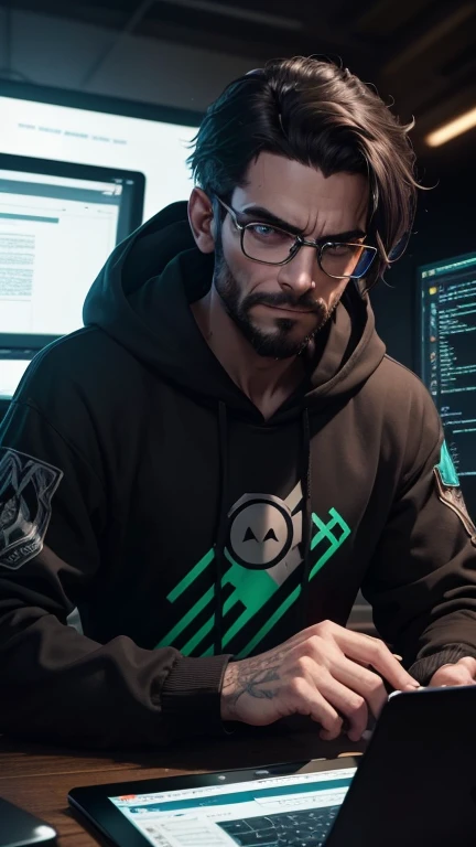 Scene: Ricky Redirector, a wiry figure with messy dark brown hair and piercing green eyes, is seated at a desk. The setting is dimly lit, with a dark, moody atmosphere accentuated by the glow of multiple computer screens displaying lines of code and web redirects.
Attire: Ricky wears a dark hoodie and jeans, with a pair of glasses slipping down his nose. His clothing is adorned with digital motifs and glitch effects.
Action: Ricky is focused intently on the screens, with a devious grin on his face as he manipulates the code to set up malicious redirects. One of the screens prominently displays a list of redirected URLs leading to harmful or irrelevant sites.
Visual Effects: Include subtle glitch effects and redirection arrows on the screens to highlight his sinister work. The background could include dark, swirling patterns to emphasise the chaotic nature of his actions.