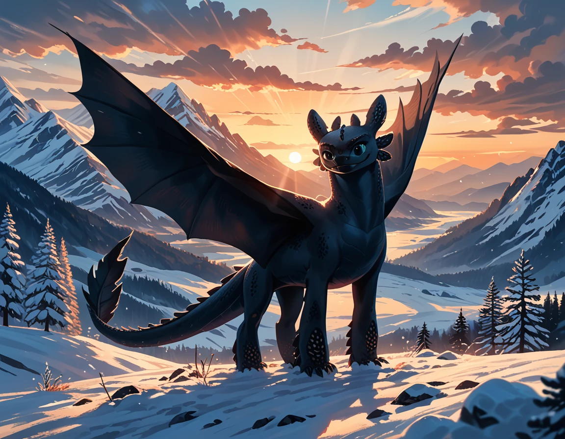 rating_safe, cinematic film still, (t00thl3ss from HTTYD:1.4), dimly lit, snowy mountains, enjoying the view, (cinematic lighting:1.2),, (sunset:1.2), shallow depth of field, vignette, highly detailed, high budget, bokeh, cinemascope, moody, epic, gorgeous, film grain, grainy, (ultra-detailed), (best illustration), (best shadow), (absurdres), (detailed background), (very aesthetic).