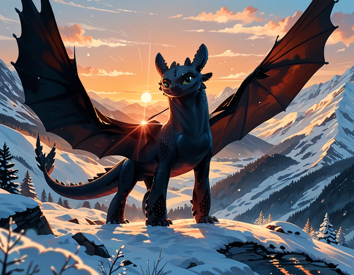 rating_safe, cinematic film still, (t00thl3ss from HTTYD:1.4), dimly lit, snowy mountains, enjoying the view, (cinematic lighting:1.2),, (sunset:1.2), shallow depth of field, vignette, highly detailed, high budget, bokeh, cinemascope, moody, epic, gorgeous, film grain, grainy, (ultra-detailed), (best illustration), (best shadow), (absurdres), (detailed background), (very aesthetic).