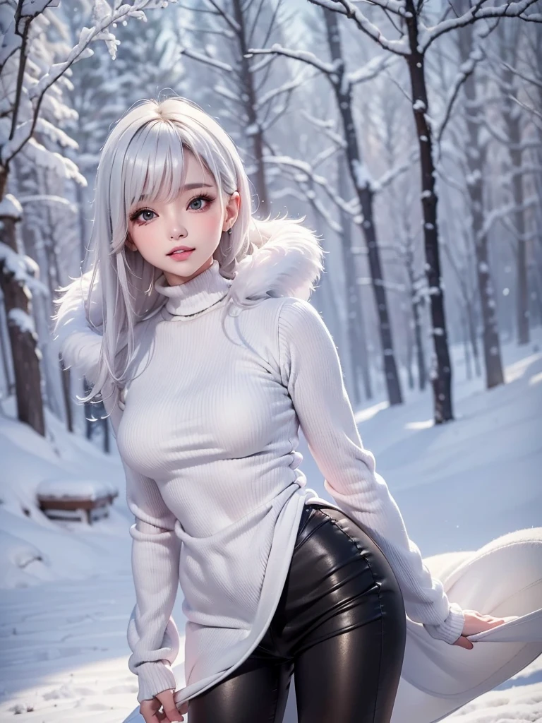 masterpiece:1.5, high quality. 1girl, black turtleneck sweater, sideboob, black short pants,  pantyhose, white hair, fur white coat, medium breasts, bright skin. background: winter ruins, snow fall