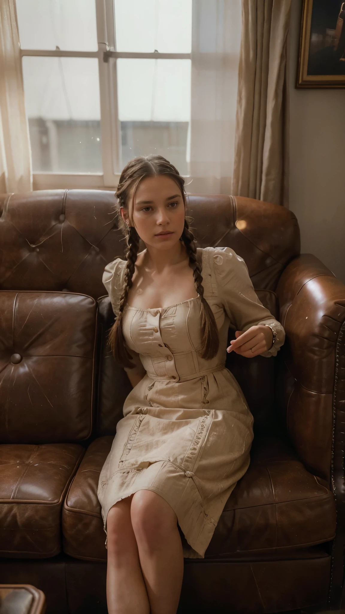 portrait of a brunette French woman from 1990, period dress, (braids) genuine leather, sitting takes a selfie like a smartphone, (living room with period furniture, moody soft light: 1.2) (4k, RAW photo, best quality, 35mm, depth of field, ultra high res:1.1),(absurdres, intricate, photorealistic, cinematic-shot, masterpiece, ultra-detailed:1.1),