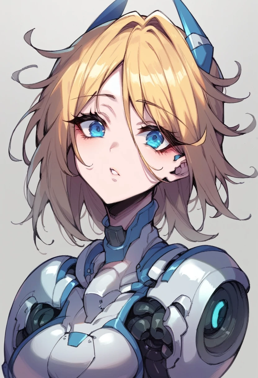 Lirrenia has the appearance of a tall, slender woman., with long blonde hair and sparkling blue eyes. Its skin is composed of a shiny silver metal, which gives it a robotic appearance, but still feminine. She is dressed in a blue and white battle suit., with various mechanical devices incorporated into its design.