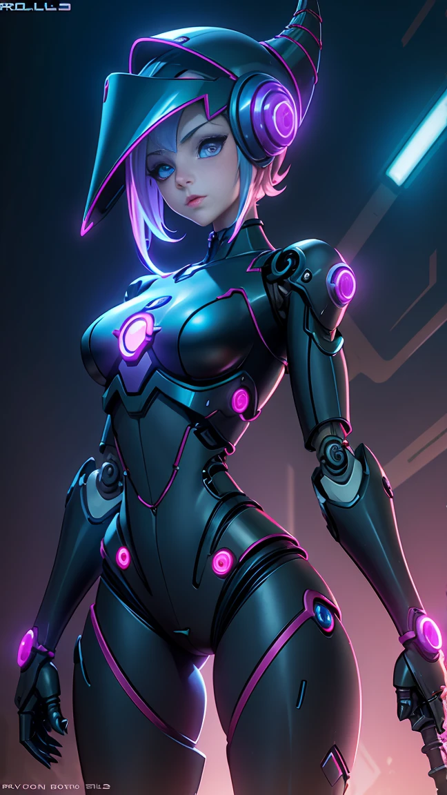 Dark magician gils. mechanical body leech，bit girl，cartoonish，Q Version，robotic arm，Ray tracing，CG，neon light