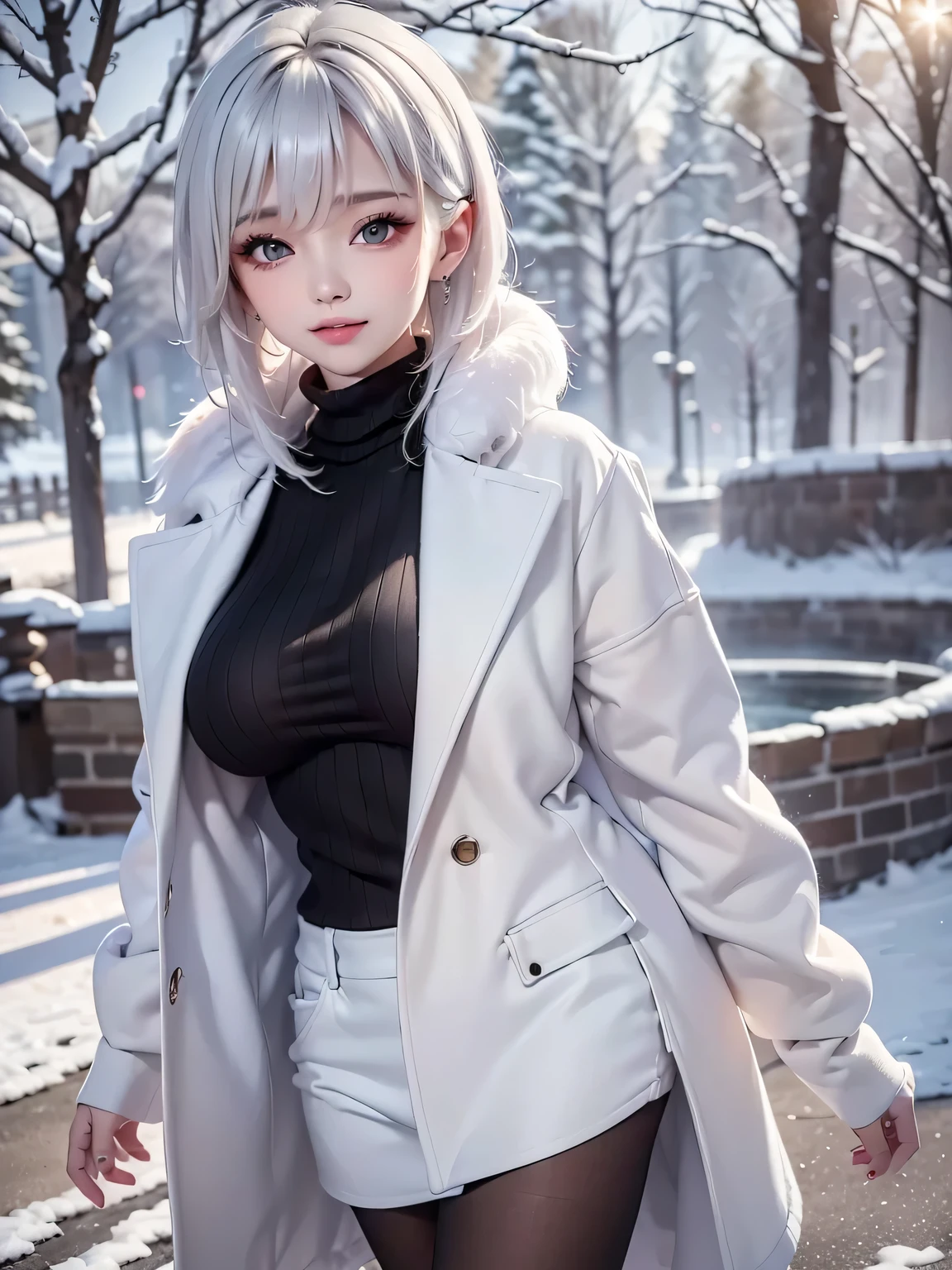 masterpiece:1.5, high quality. 1girl, black turtleneck sweater, sideboob, black short pants,  pantyhose, white hair, fur white coat, medium breasts, bright skin. background: winter ruins, snow fall