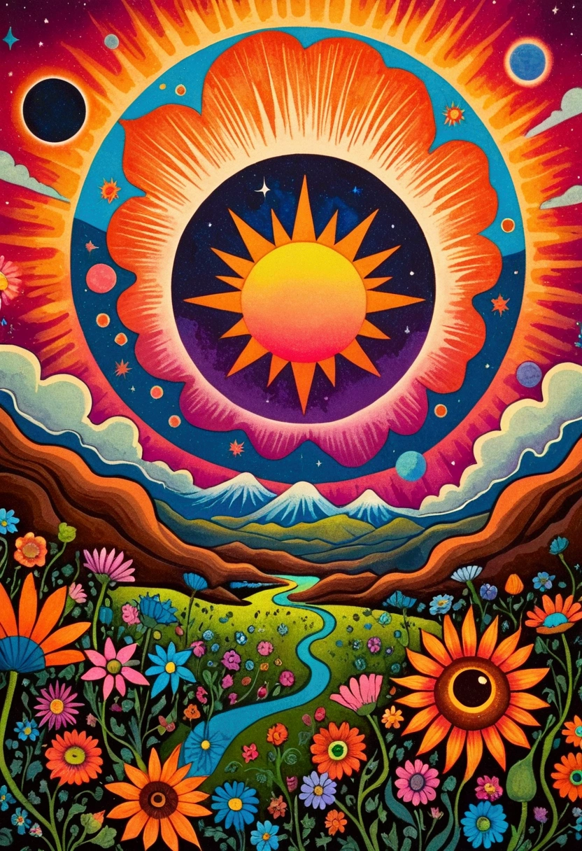 A painting，There is a sun in the painting，Surrounded by many flowers of different colors, Psychedelic illustration, Psychedelic Art style, retro Psychedelic illustration, Lush、Colorful solar eclipse, Whimsical and psychedelic, psychedelic aesthetic, Visionary Art Style, Psychedelic Art, Surreal psychedelic design, Cosmic sun in the background, 70s psychedelic style, Pattern Fantasy Art, sunset psychedelic, Cosmic Psychedelic Drug Poster Art