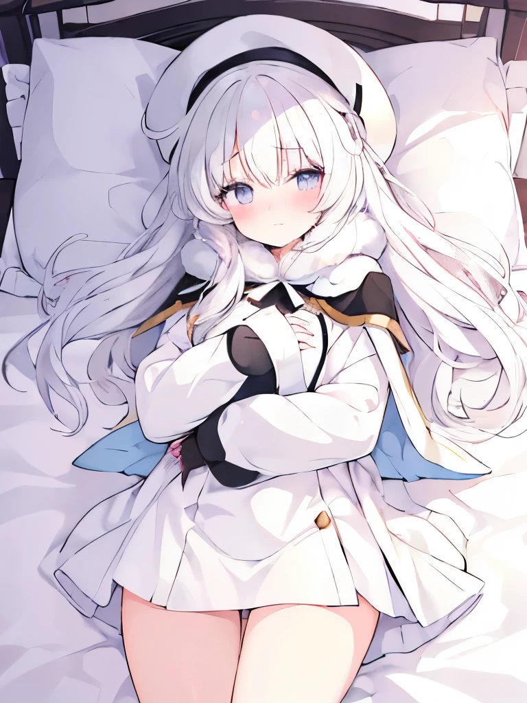 Cute anime girl, white light skin, white fluffy hair, thick eyelashes, black eyes, narrow eyes, blushing, plain white winter cape, white short skirt, white beret, exposed thighs, laying im bed, white pillows, white bedsheet