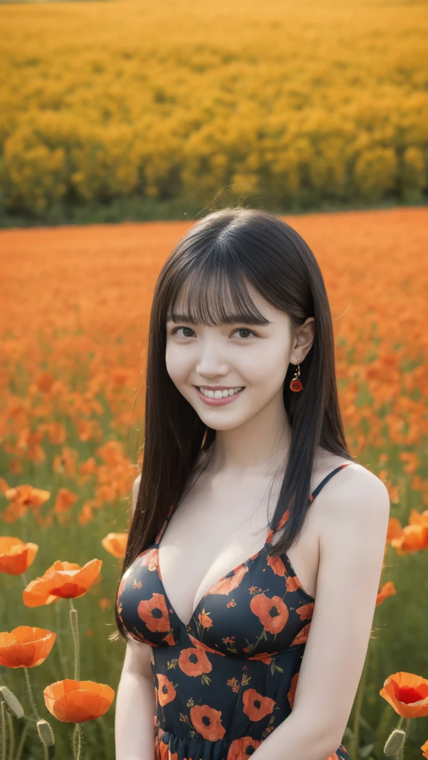 Masterpiece, Best quality, 8k, 18 ans, Photo brute, absurdes, Award-winning portrait, sourire, sourire, pure, German, vibrant poppy field dress lingerie, big breast:1.2