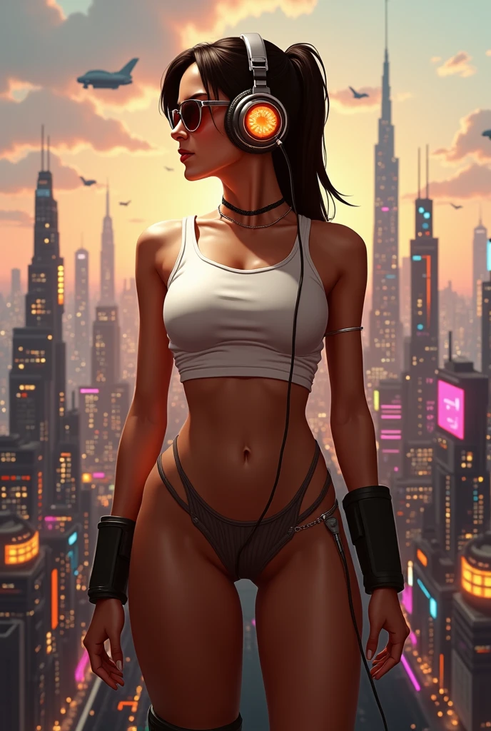 A nudist black woman is captured in a moment of peace, reclining on a beach towel amidst the harsh lines of a city skyline. with headphones on, and an eye-catching 'MUSIC' tattoo on her arm, bridging the gap between the laid-back beach vibe and the city's gritty essence, seductive pose and position, on stomach